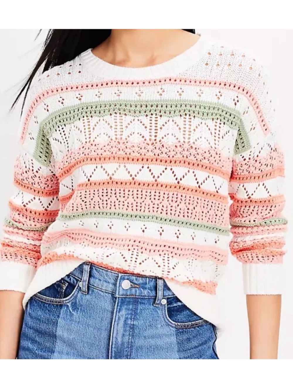 LOFT Pointelle-Knit Striped Crewneck Sweater in White, Coral & Sage